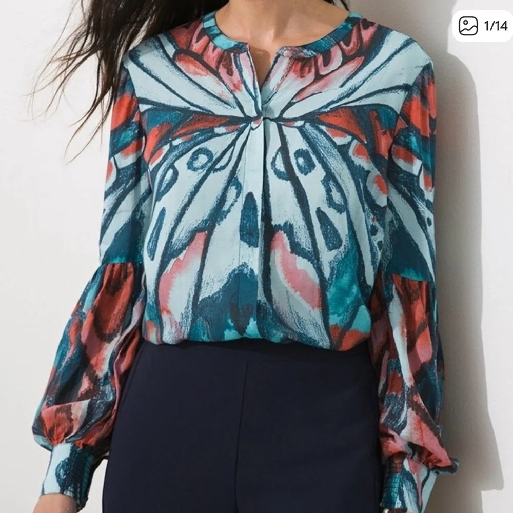 Chico's Butterfly Wing Print Modal Blouse Teal Red Size 2 L 12/14 - Picture 2 of 8